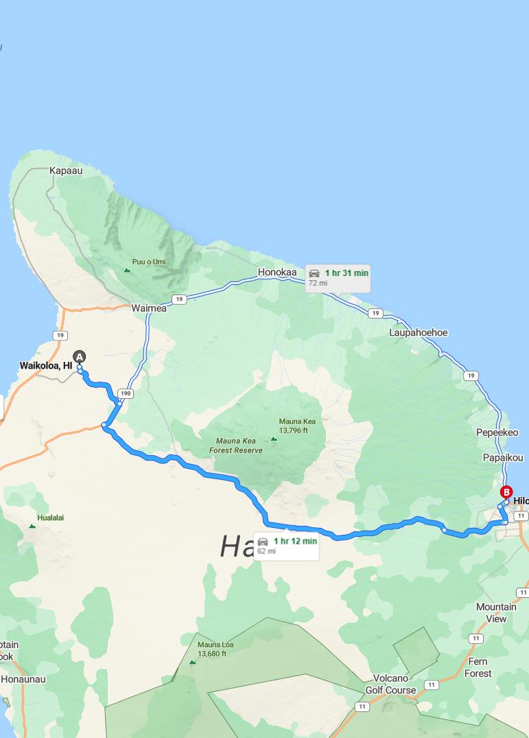 driving from Waikoloa, Hawaii to HiloHawaii - map and route