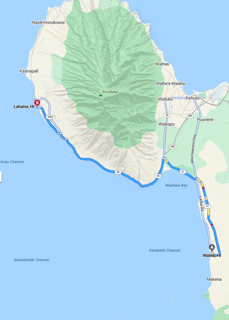 driving from Wailea, Hawaii to LahainaHawaii - map and route