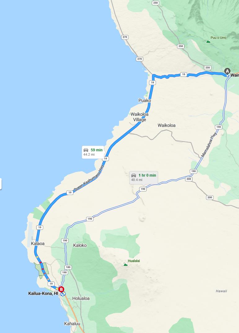 driving from Waimea, Hawaii to KonaHawaii - map and route