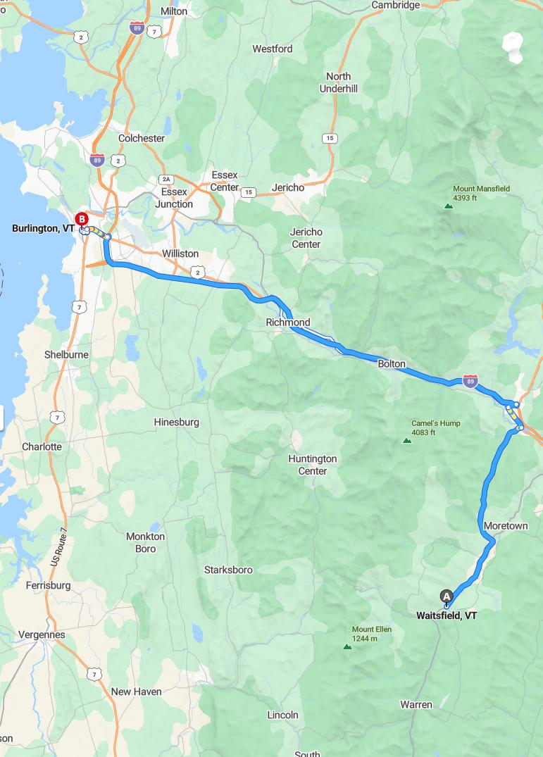 driving from Waitsfield, Vermont to BurlingtonVermont - map and route