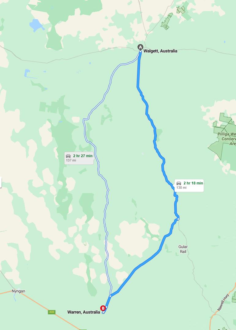 driving from Walgett, New South Wales to WarrenNew South Wales - map and route
