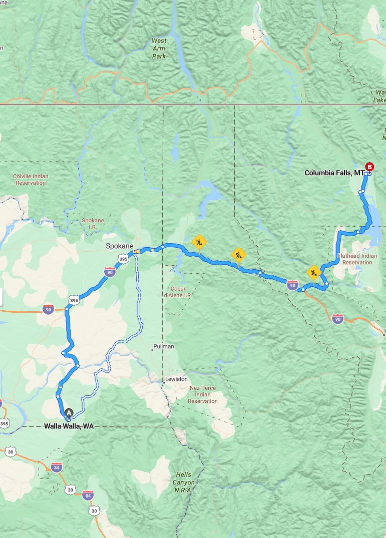 driving from Walla Walla, Washington to Columbia FallsMontana - map and route