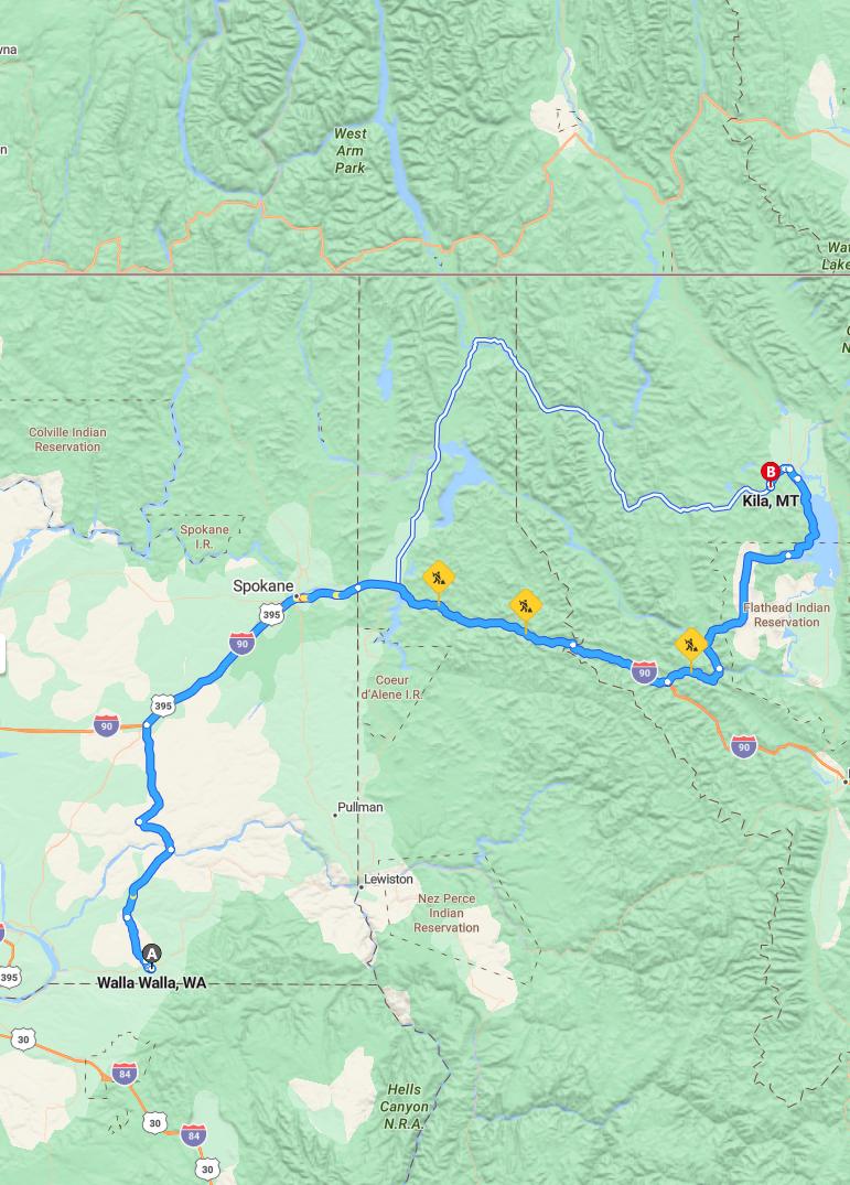 driving from Walla Walla, Washington to KilaMontana - map and route