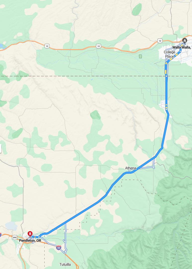 driving from Walla Walla, Washington to PendletonOregon - map and route