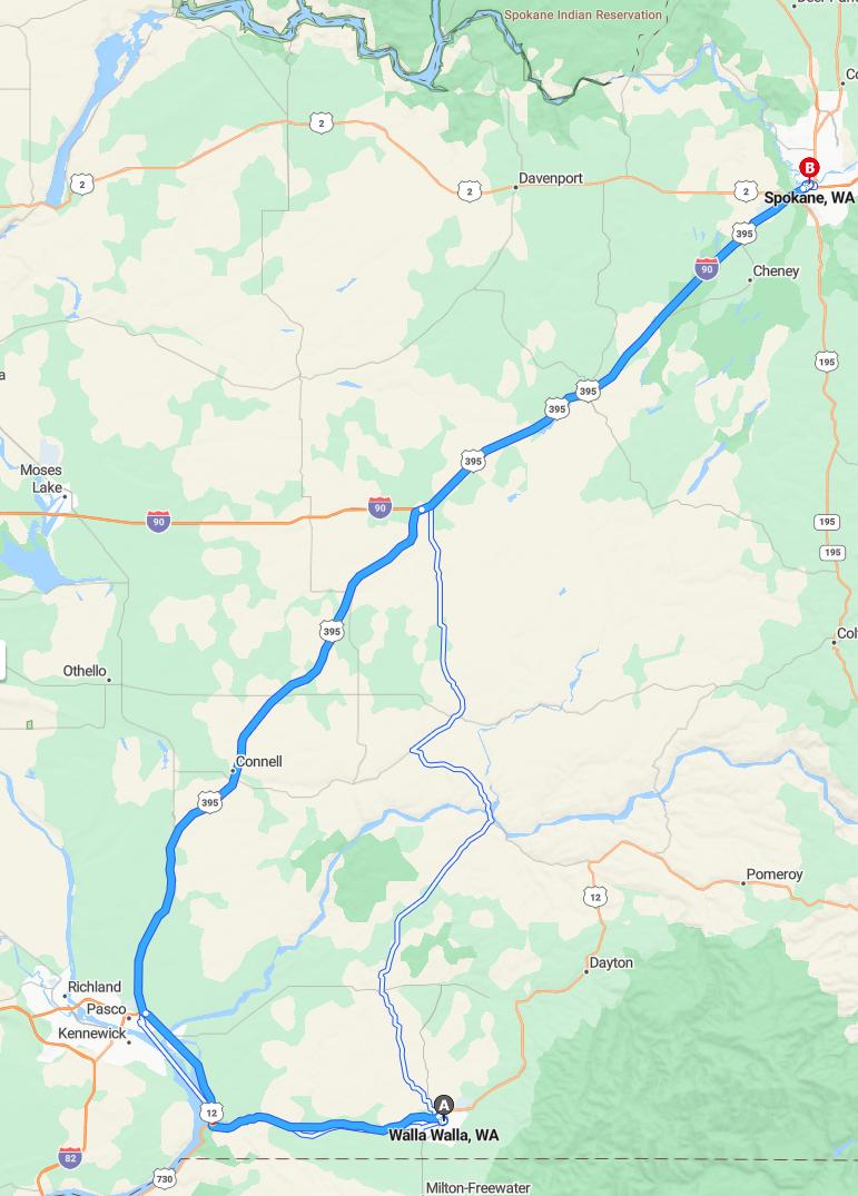 driving from Walla Walla, Washington to SpokaneWashington - map and route
