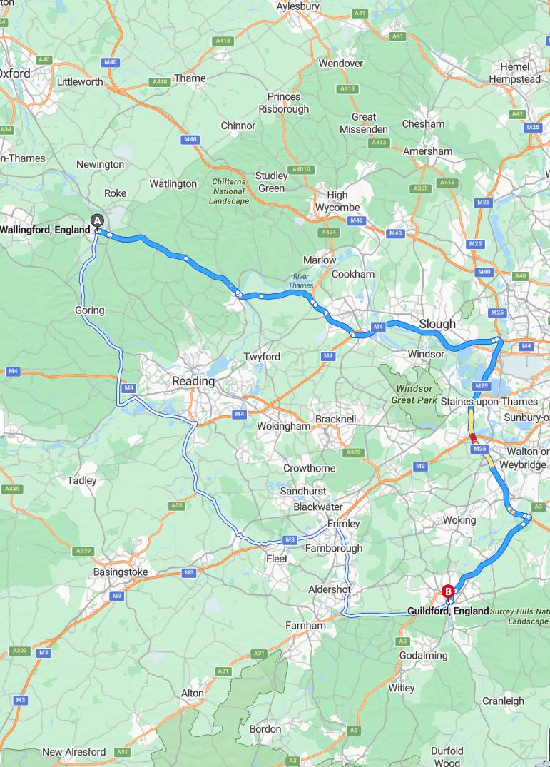 driving from Wallingford, Oxfordshire to GuildfordSurrey - map and route