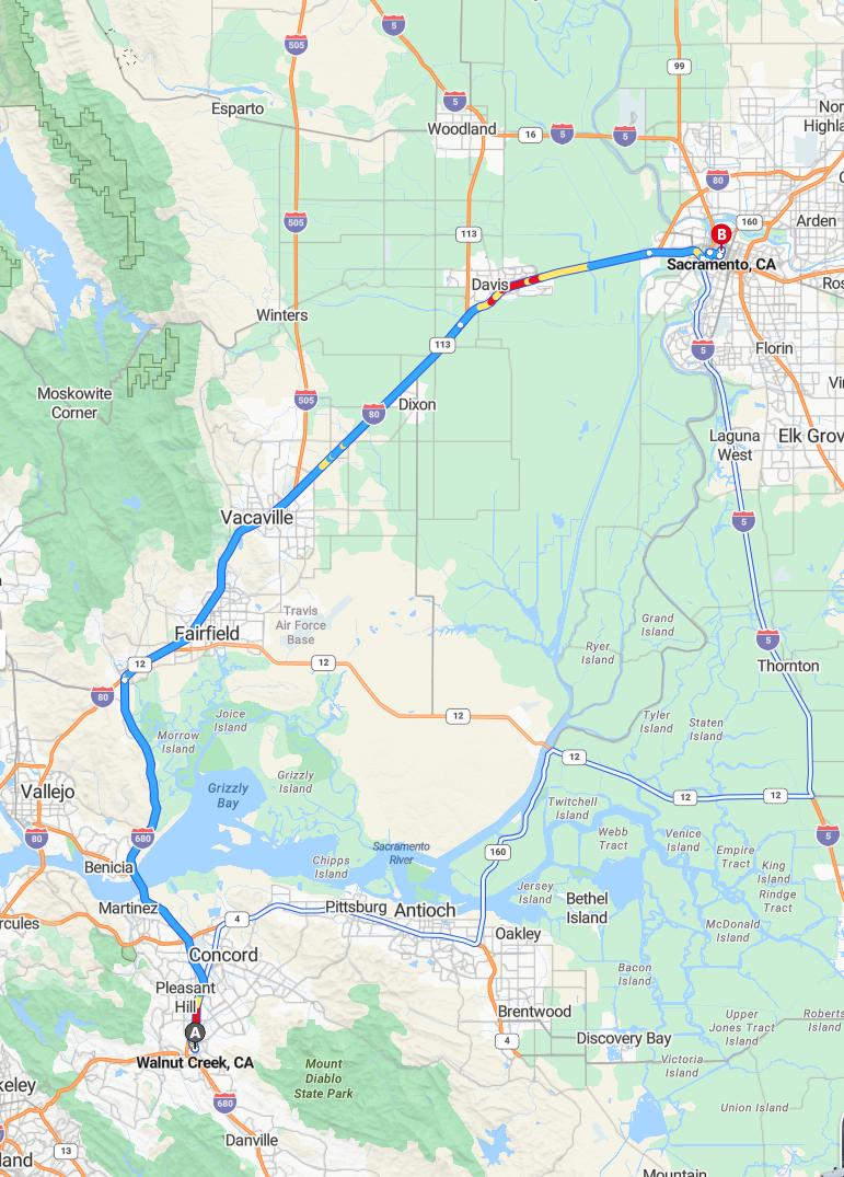 driving from Walnut Creek, California to SacramentoCalifornia - map and route
