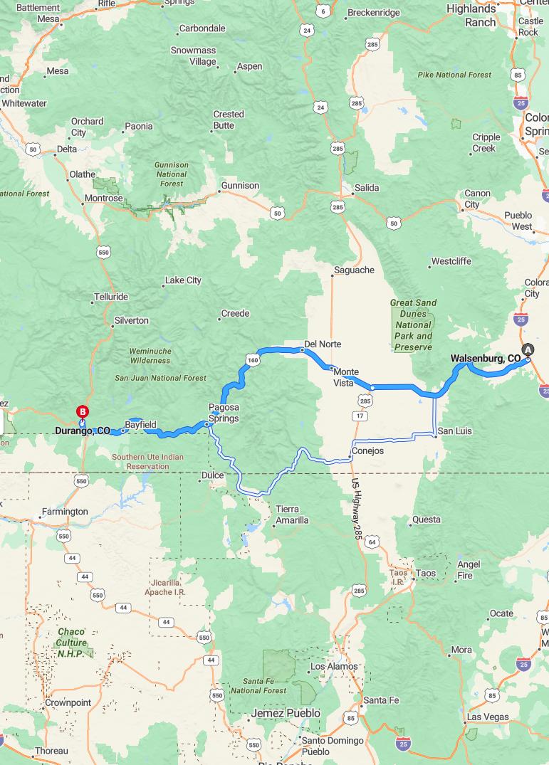 driving from Walsenburg, Colorado to DurangoColorado - map and route