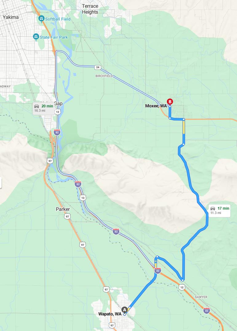 driving from Wapato, Washington to MoxeeWashington - map and route