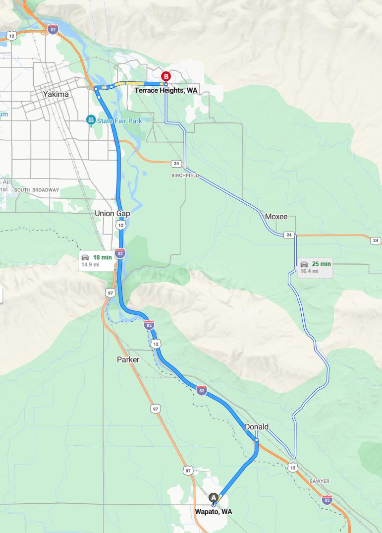 driving from Wapato, Washington to Terrace HeightsWashington - map and route