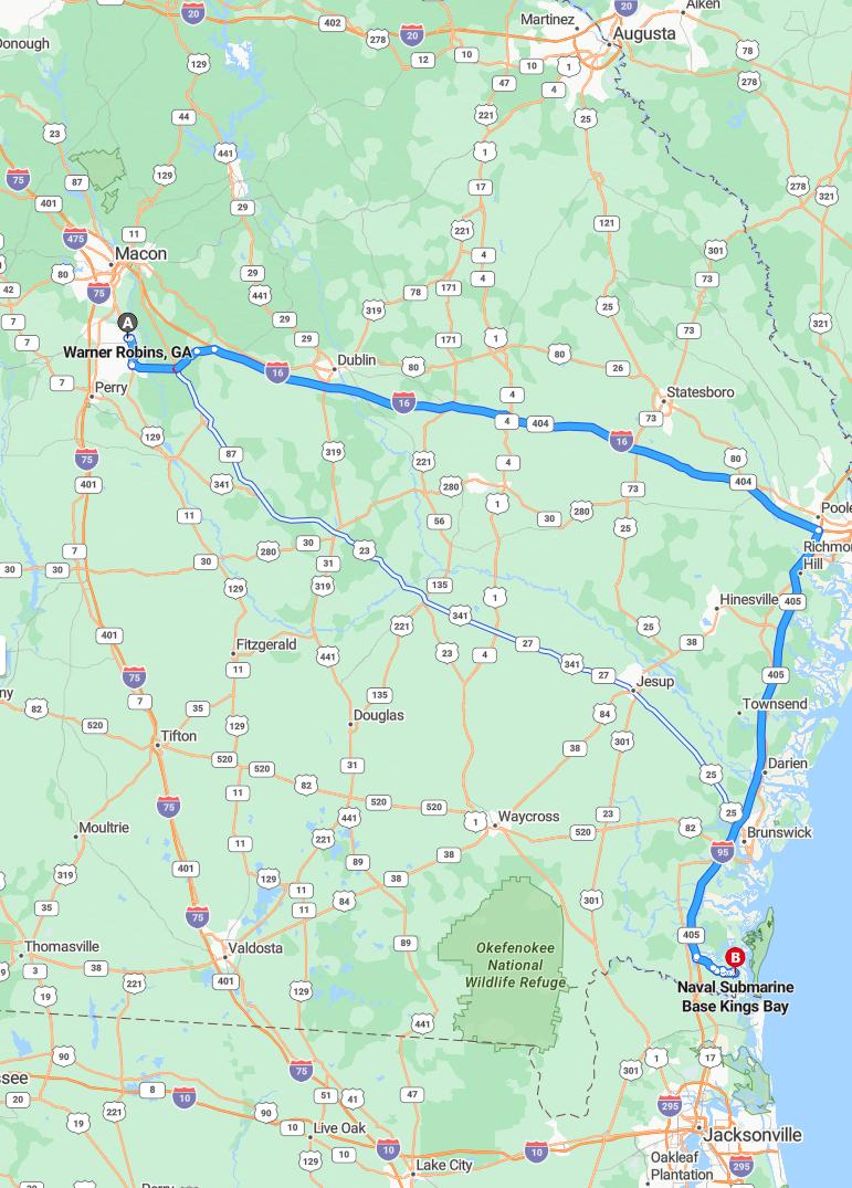 driving from Warner Robins, Georgia to Kings BayGeorgia - map and route
