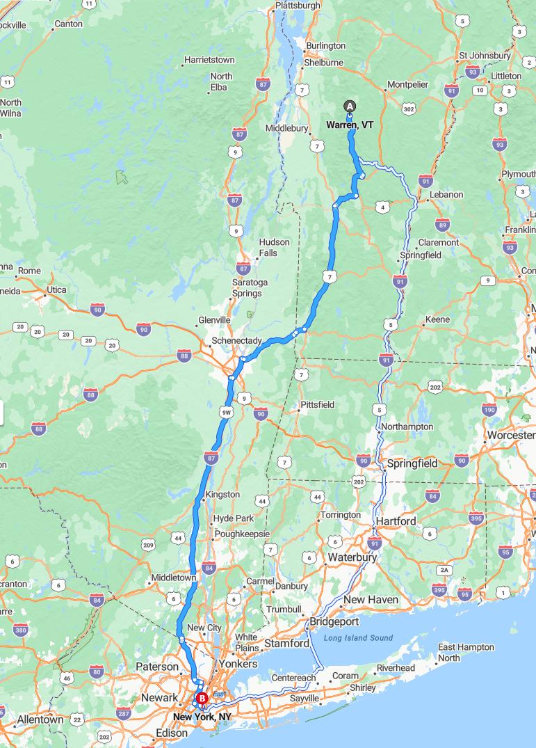 driving from Warren, Vermont to New York CityNew York - map and route