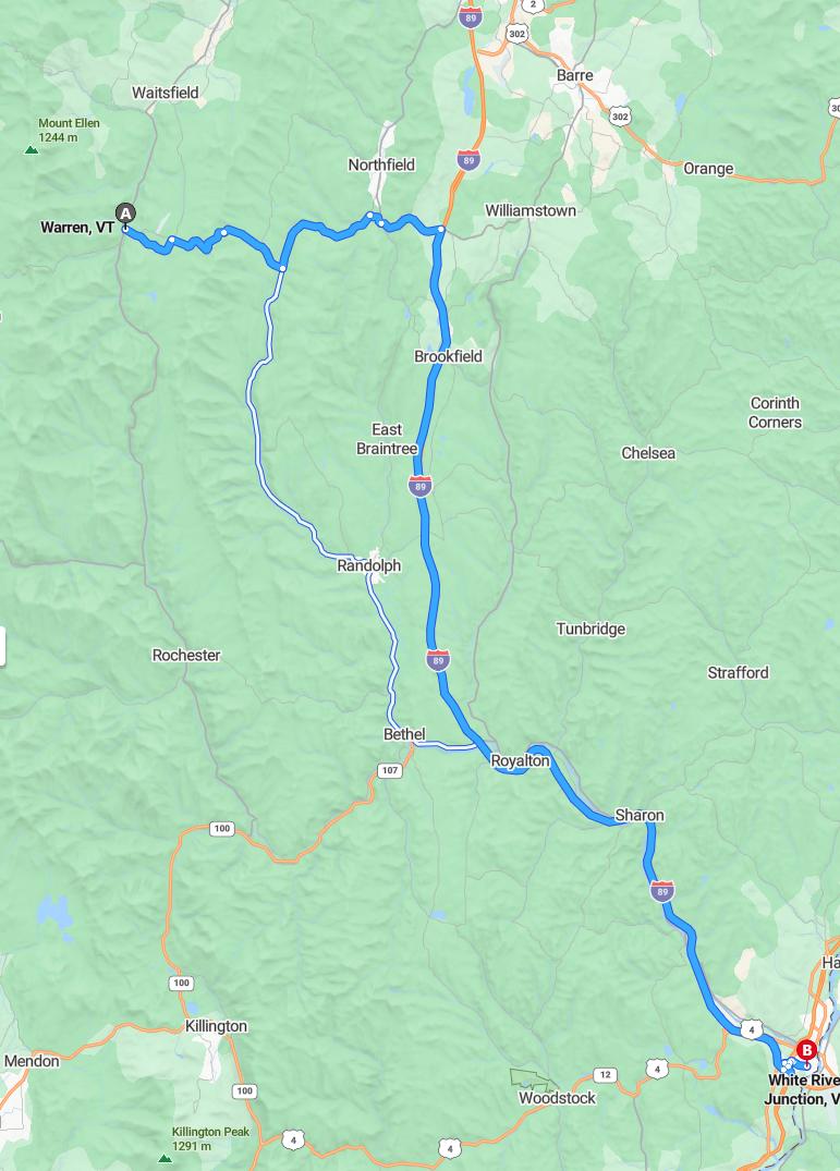 driving from Warren, Vermont to White River JunctionVermont - map and route