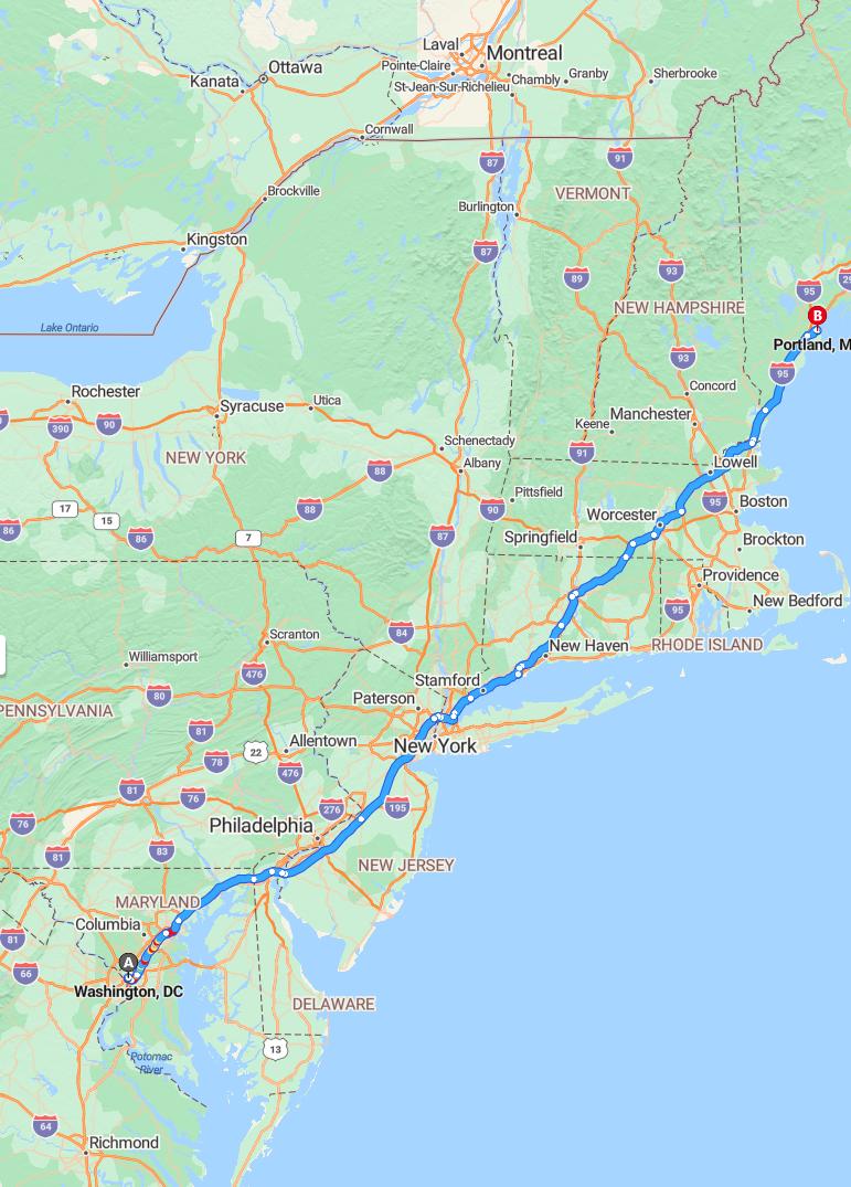 driving from Washington, D.C. to PortlandMaine - map and route