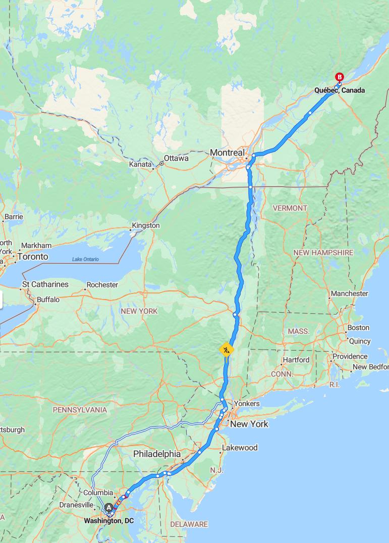driving from Washington, D.C. to Quebec CityQuebec - map and route