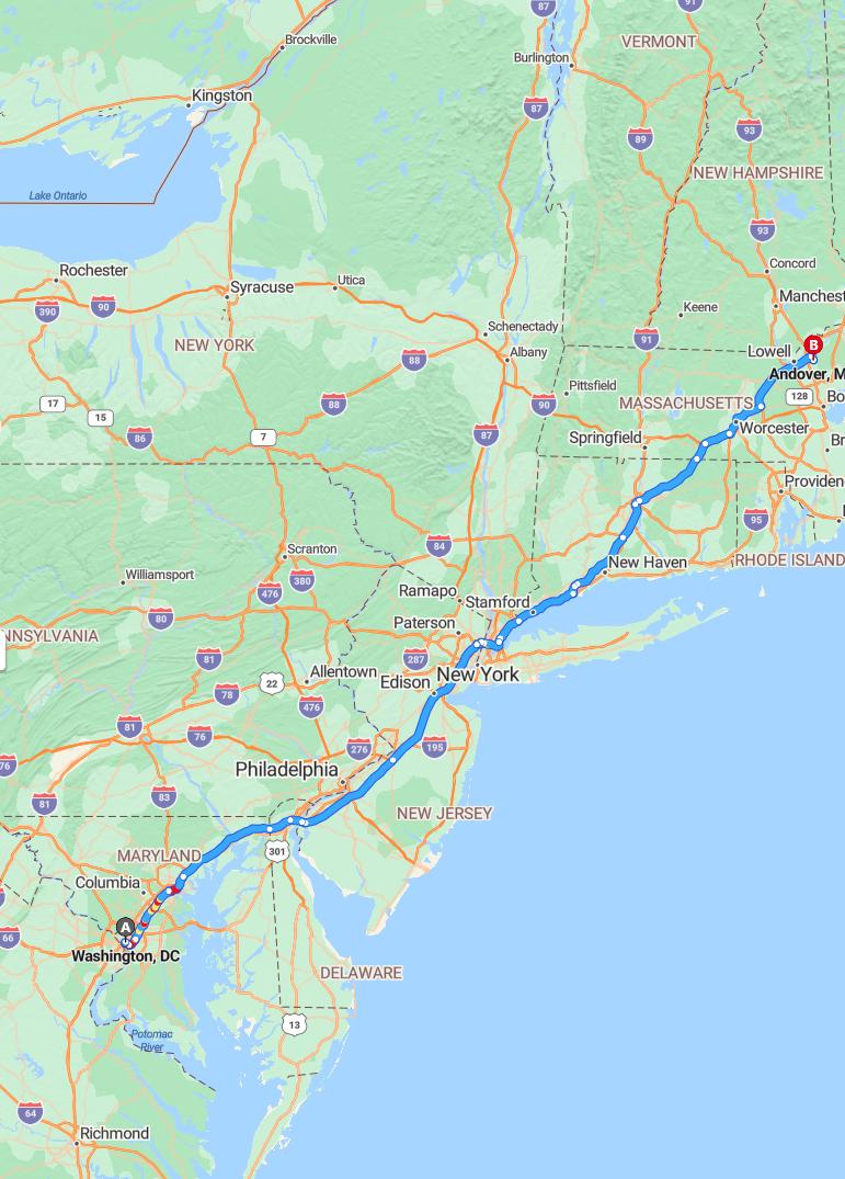 driving from Washington, District of Columbia to AndoverMassachusetts - map and route