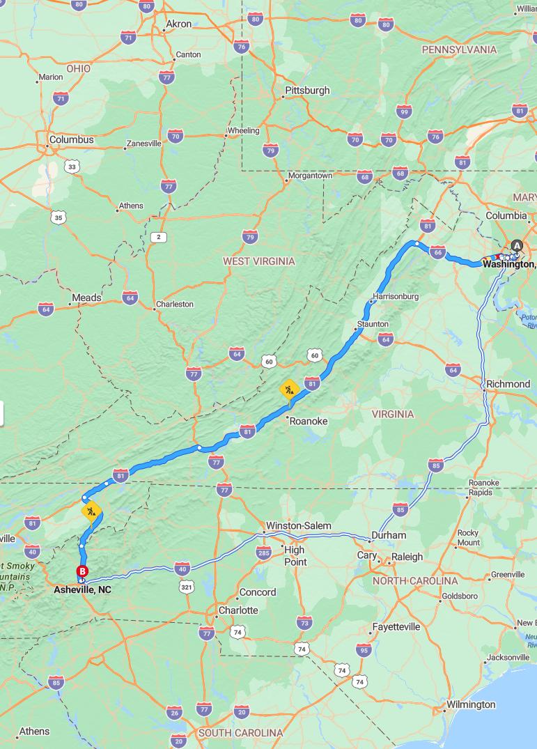 driving from Washington, District of Columbia to AshevilleNorth Carolina - map and route