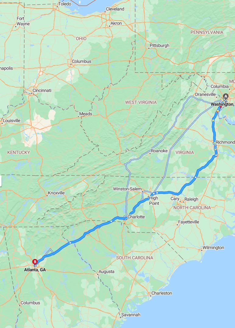 driving from Washington, District of Columbia to AtlantaGeorgia - map and route