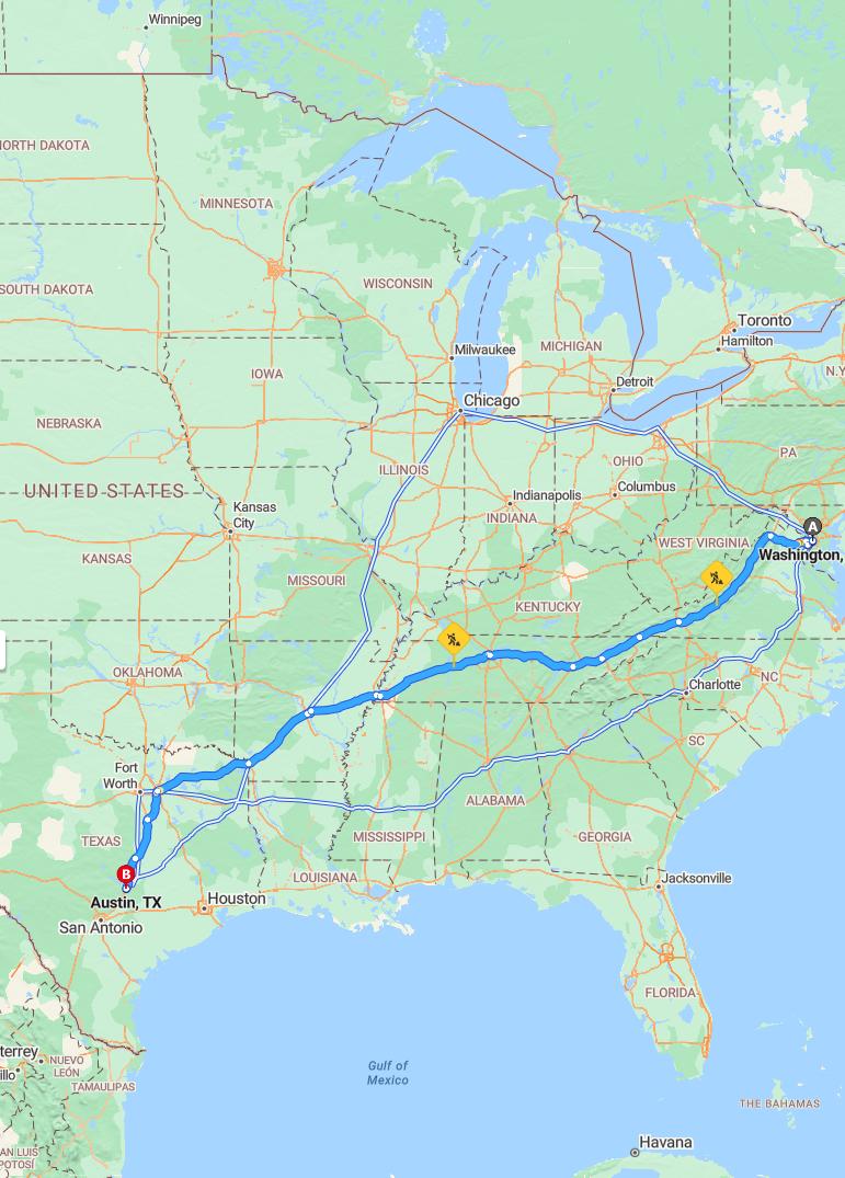 driving from Washington, District of Columbia to AustinTexas - map and route