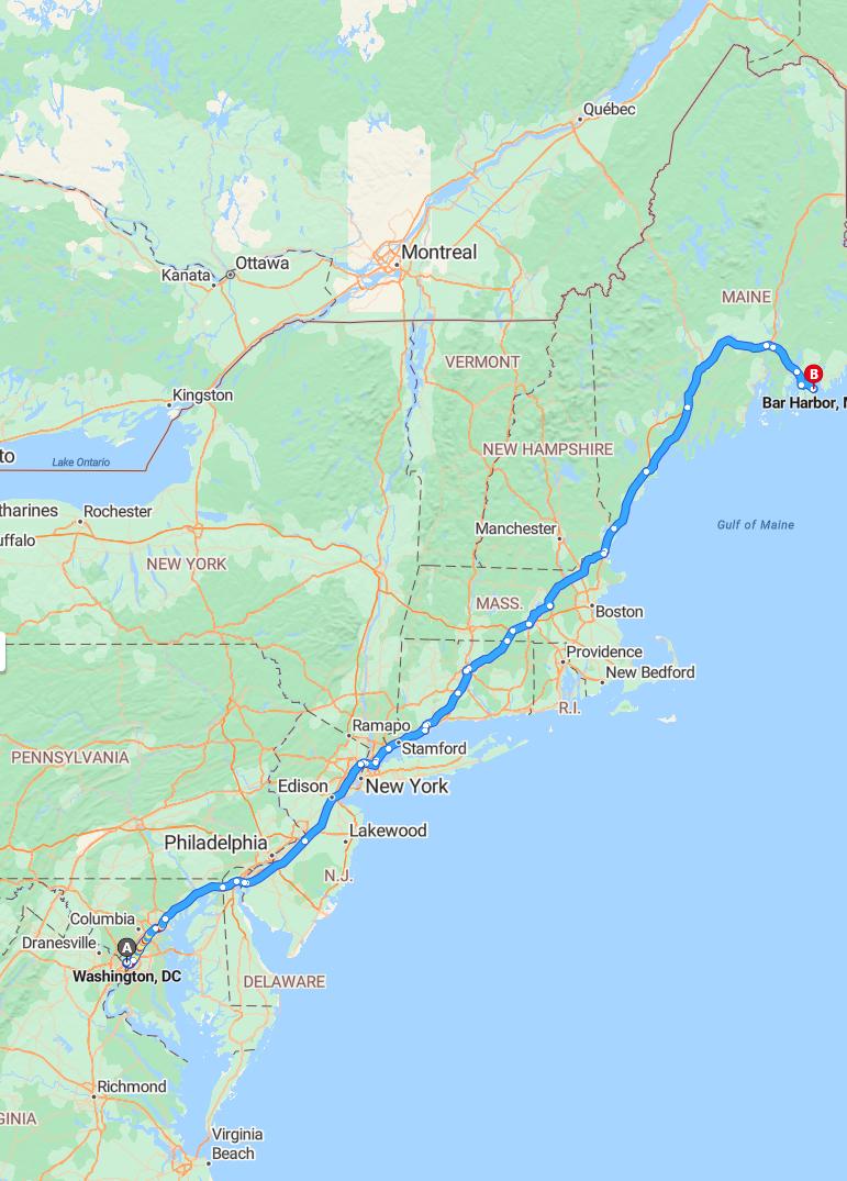 driving from Washington, District of Columbia to Bar HarborMaine - map and route