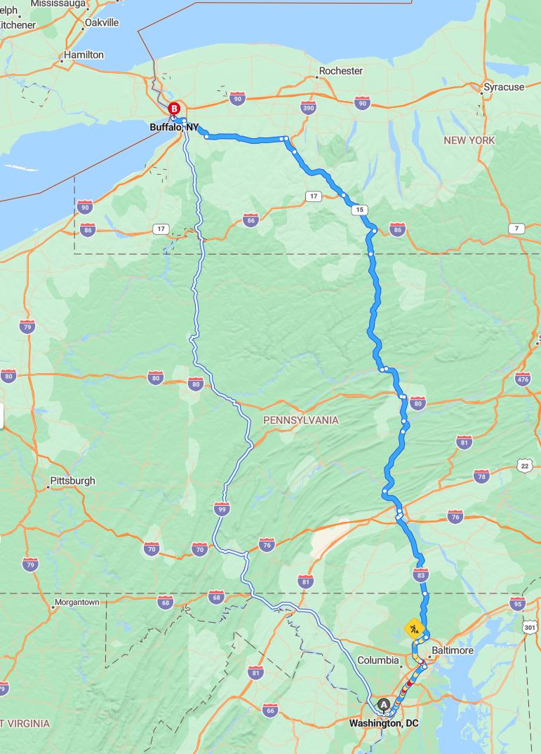 driving from Washington, District of Columbia to BuffaloNew York - map and route