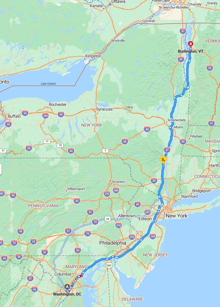driving from Washington, District of Columbia to BurlingtonVermont - map and route