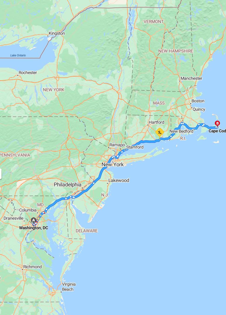 driving from Washington, District of Columbia to Cape CodMassachusetts - map and route