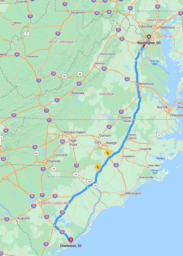driving from Washington, District of Columbia to CharlestonSouth Carolina - map and route