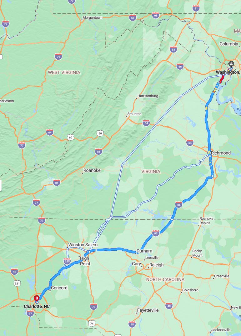 driving from Washington, District of Columbia to CharlotteNorth Carolina - map and route