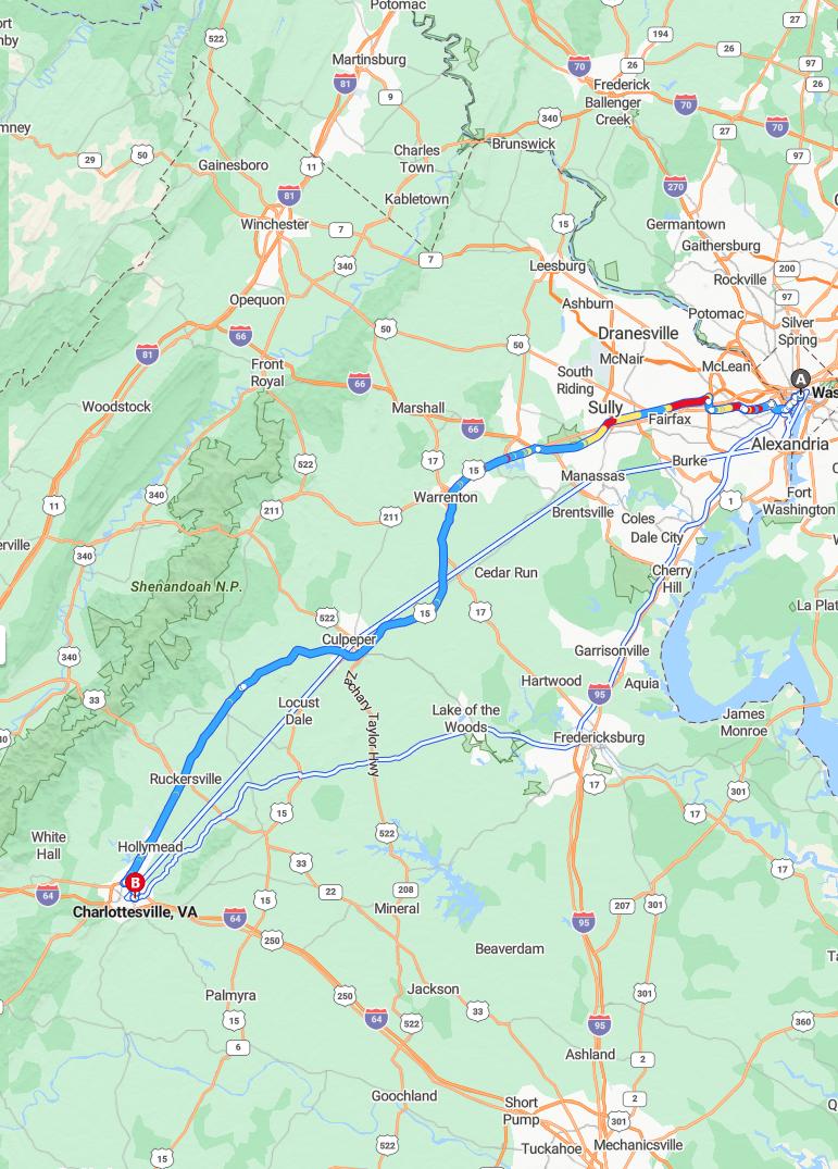 driving from Washington, District of Columbia to CharlottesvilleVirginia - map and route