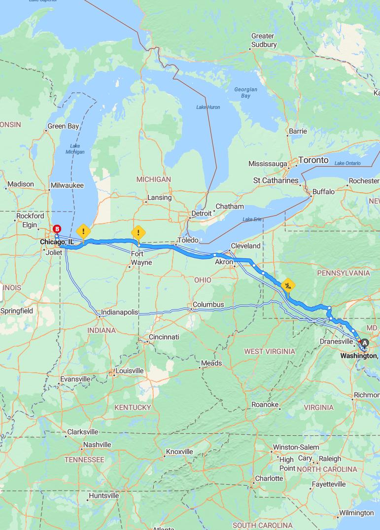 driving from Washington, District of Columbia to ChicagoIllinois - map and route