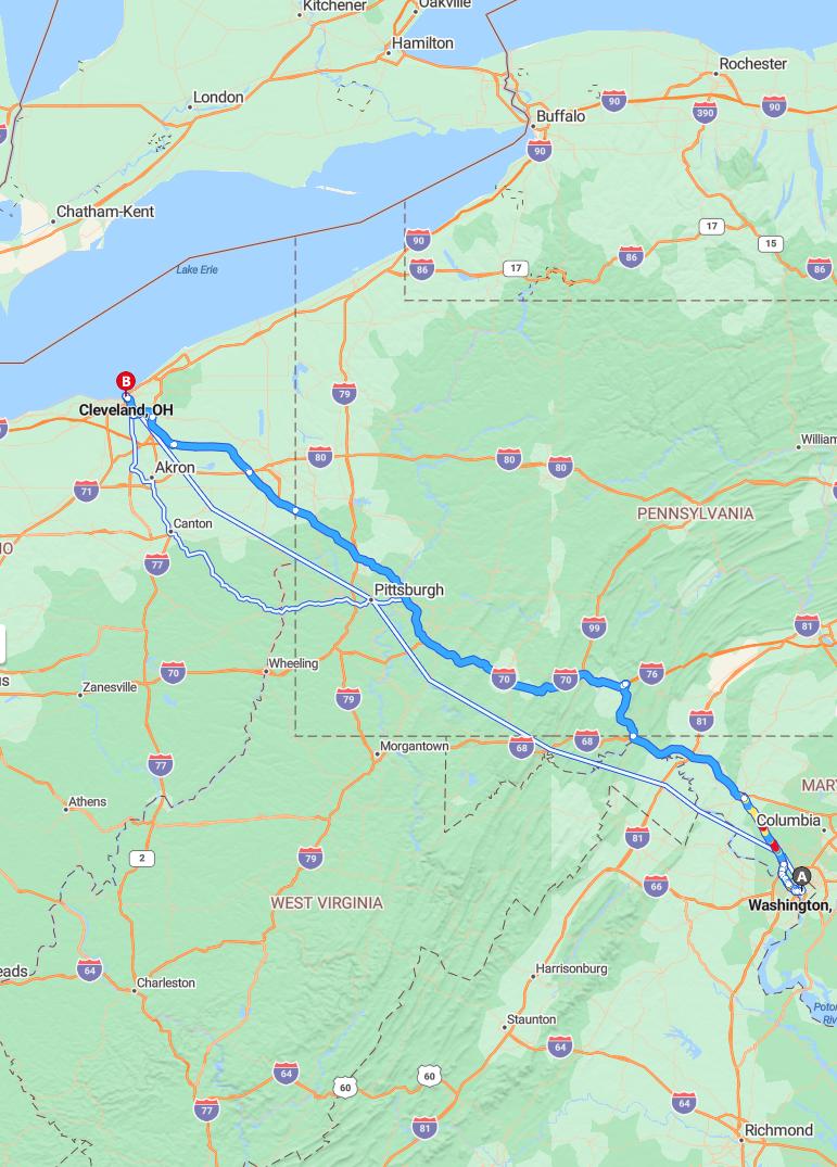 driving from Washington, District of Columbia to ClevelandOhio - map and route