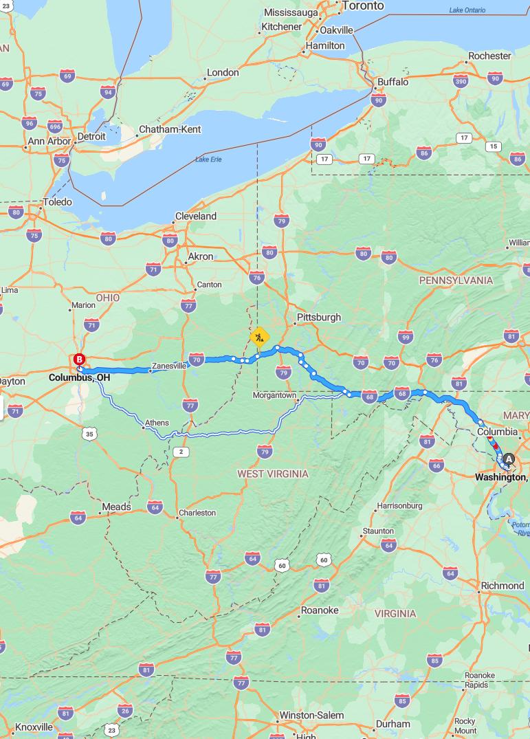 driving from Washington, District of Columbia to ColumbusOhio - map and route