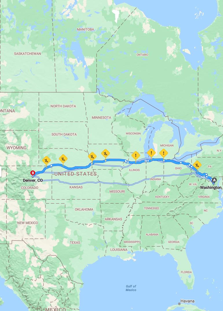 driving from Washington, District of Columbia to DenverColorado - map and route