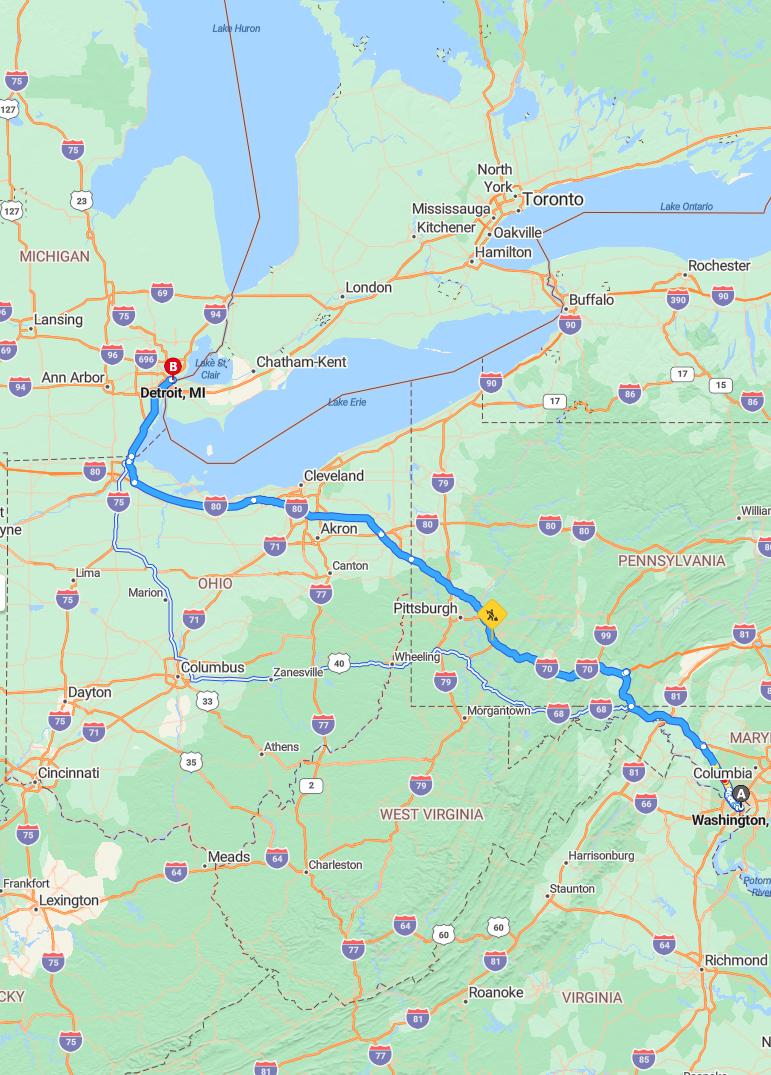 driving from Washington, District of Columbia to DetroitMichigan - map and route