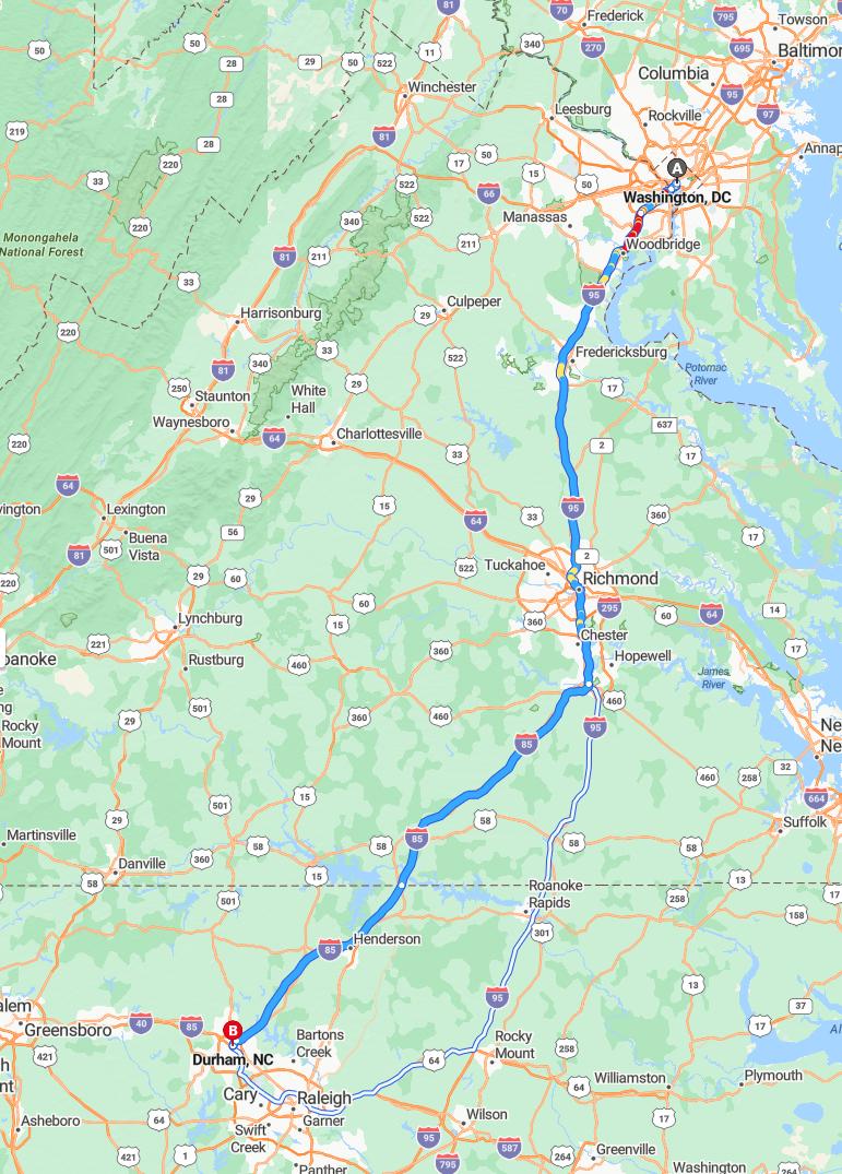 driving from Washington, District of Columbia to DurhamNorth Carolina - map and route
