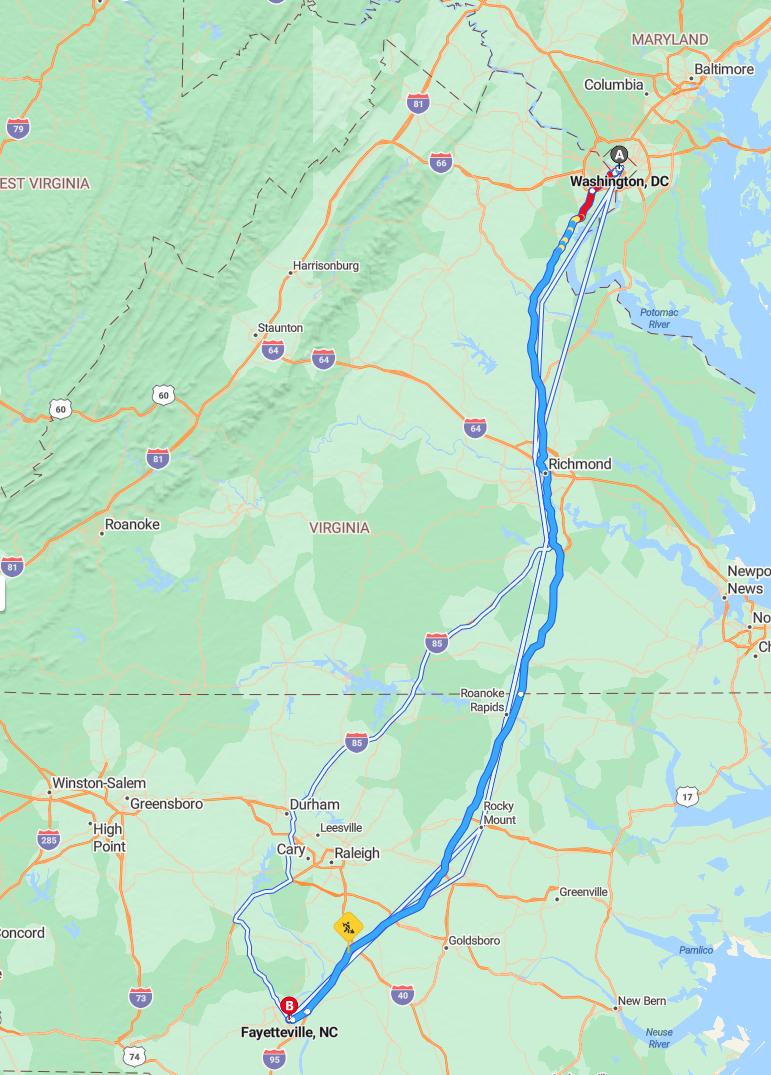driving from Washington, District of Columbia to FayettevilleNorth Carolina - map and route