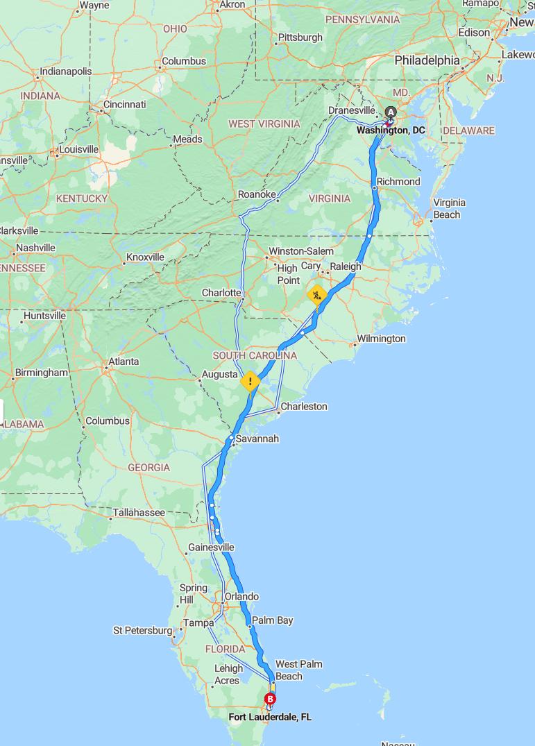 driving from Washington, District of Columbia to Fort LauderdaleFlorida - map and route