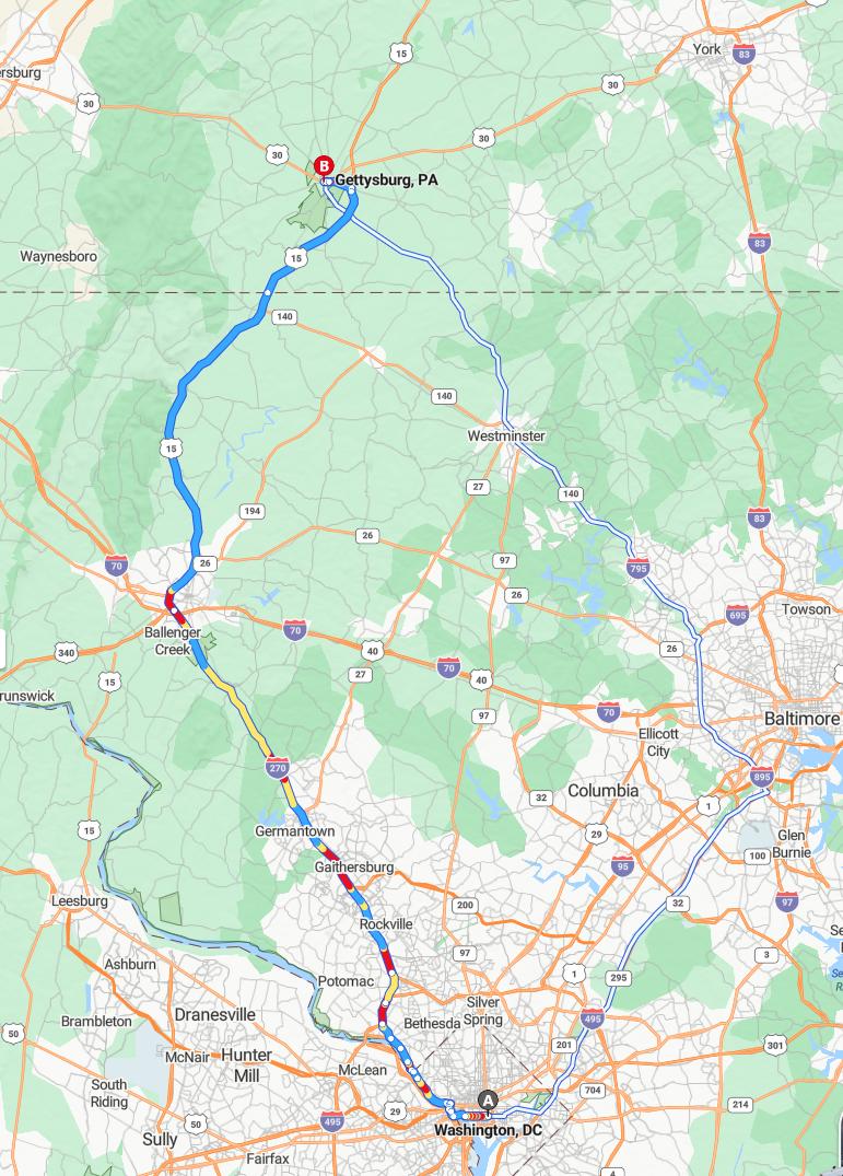 driving from Washington, District of Columbia to GettysburgPennsylvania - map and route