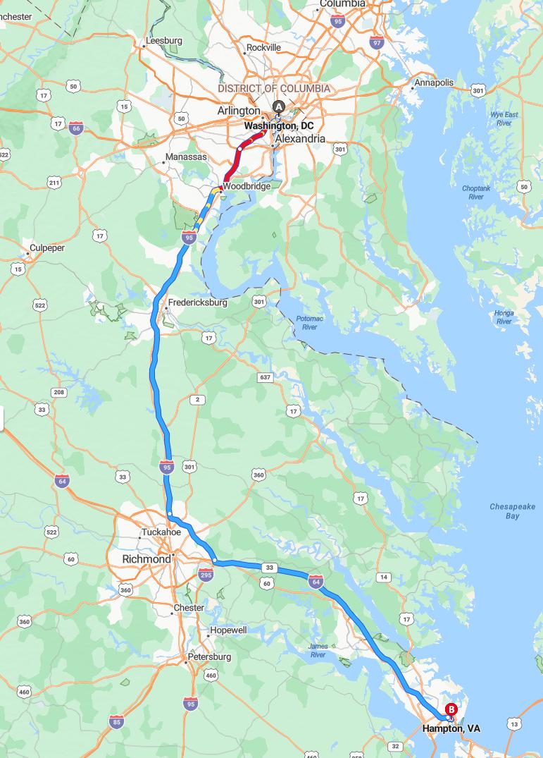 driving from Washington, District of Columbia to HamptonVirginia - map and route