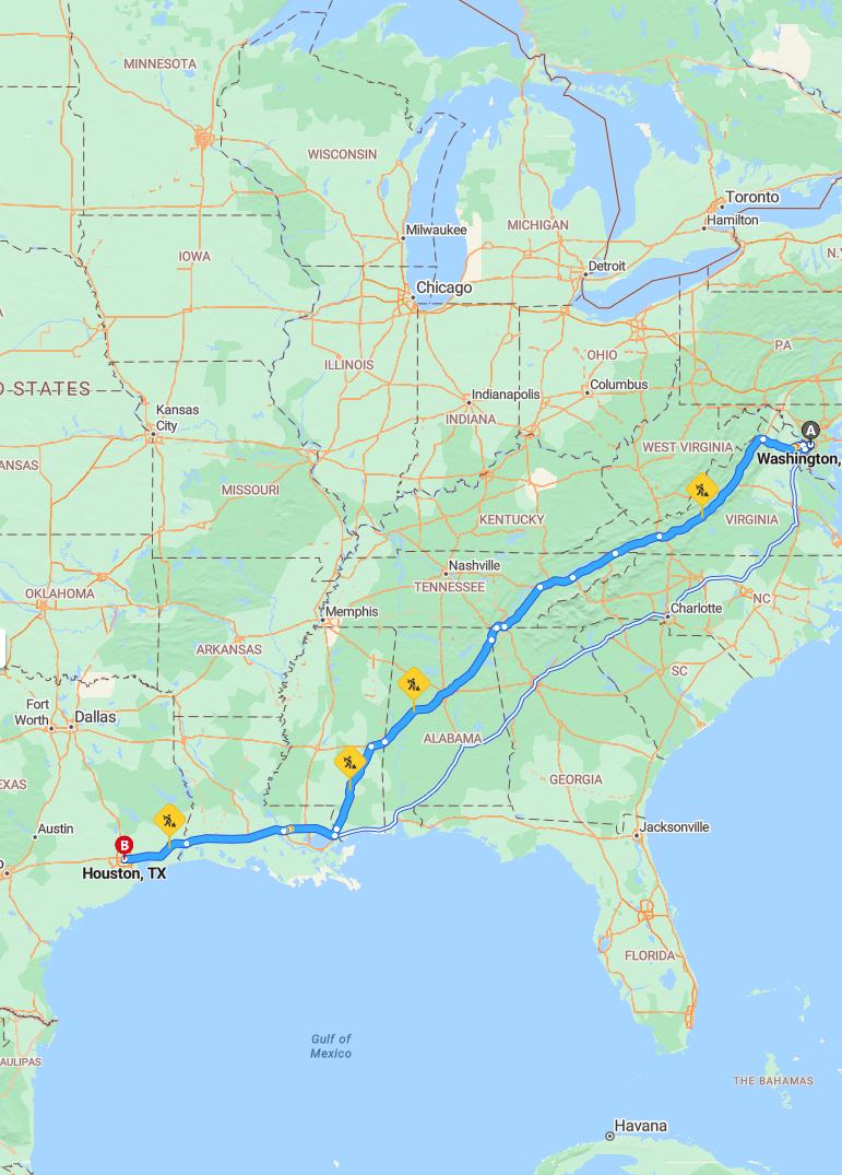 driving from Washington, District of Columbia to HoustonTexas - map and route