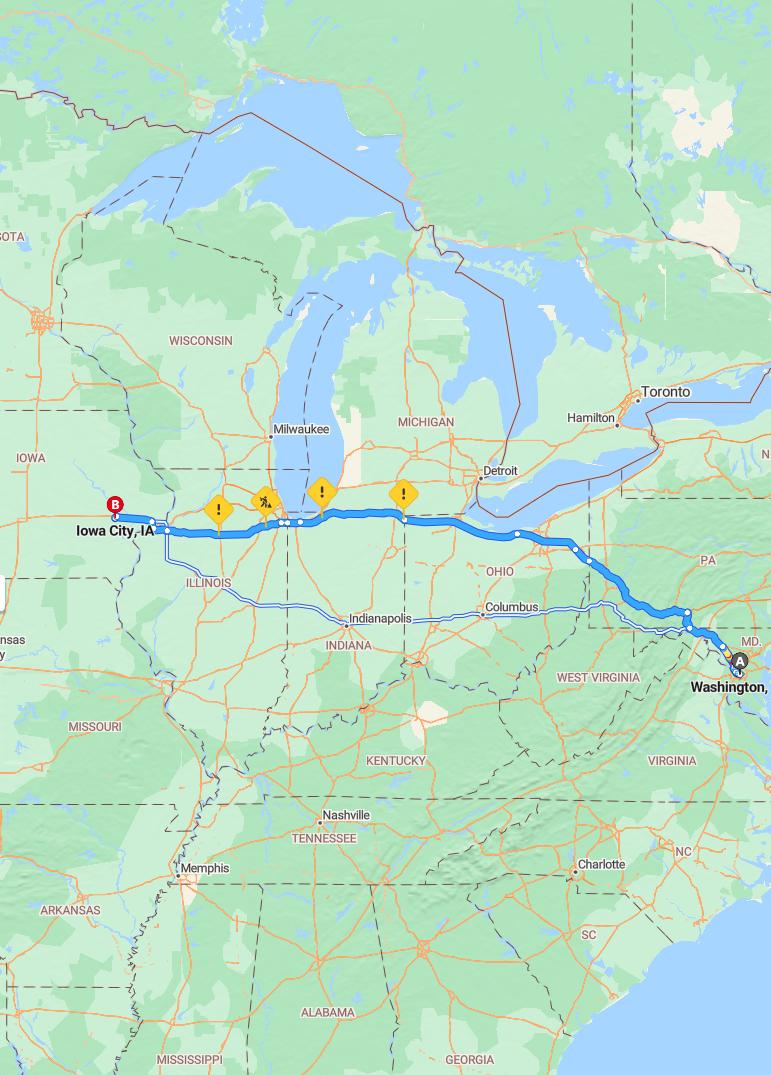driving from Washington, District of Columbia to Iowa CityIowa - map and route