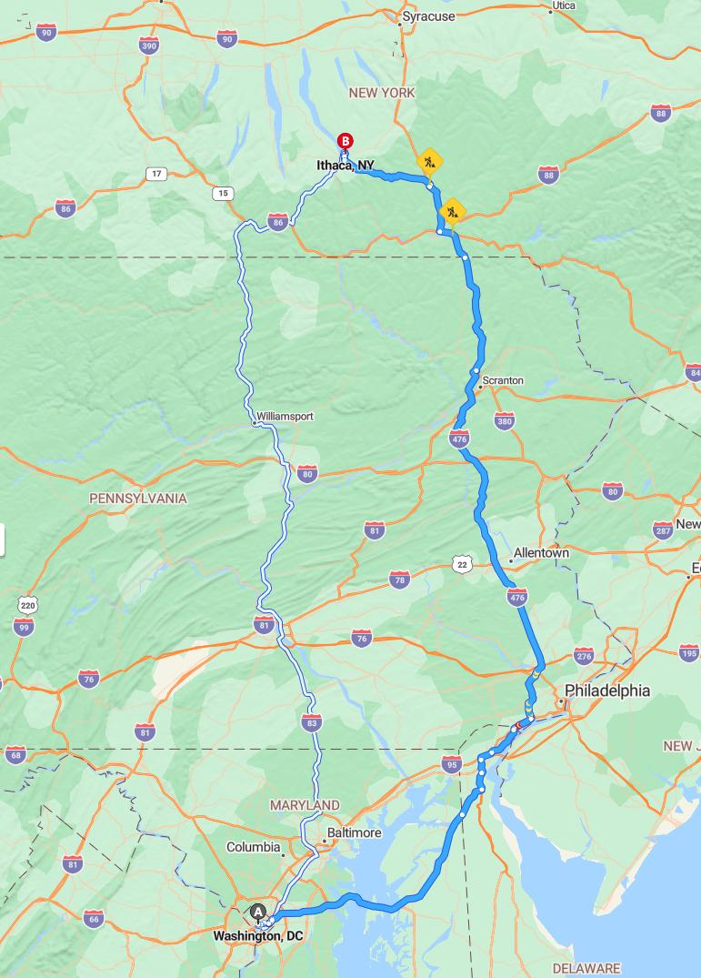 driving from Washington, District of Columbia to IthacaNew York - map and route