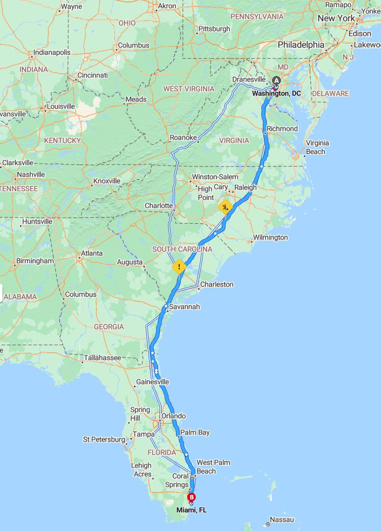 driving from Washington, District of Columbia to MiamiFlorida - map and route