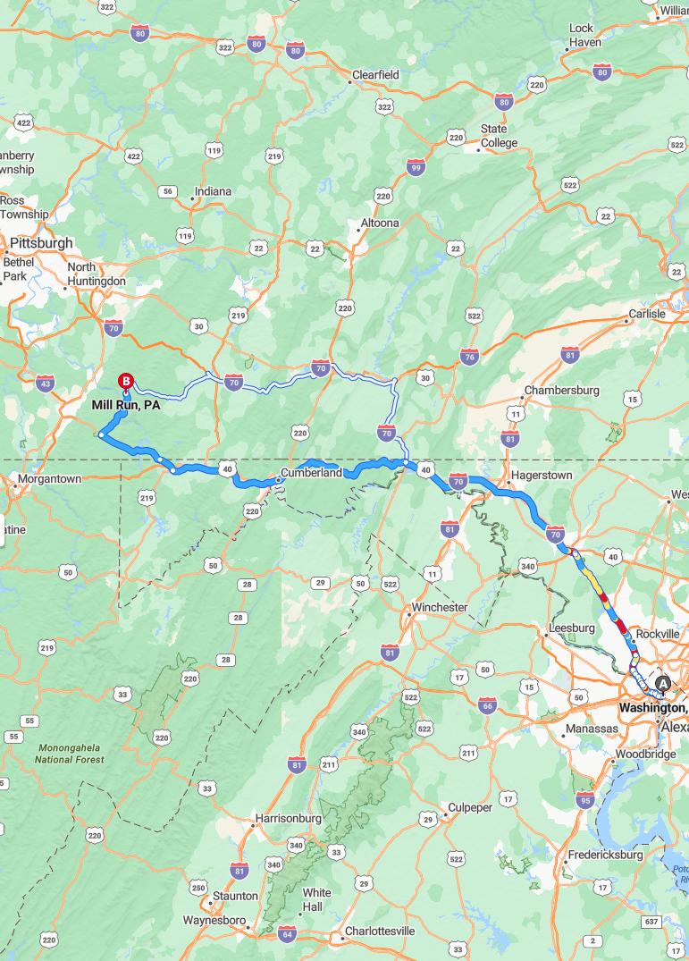 driving from Washington, District of Columbia to Mill RunPennsylvania - map and route