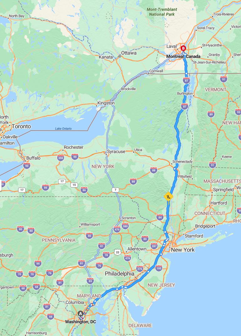 driving from Washington, District of Columbia to MontrealQuebec - map and route