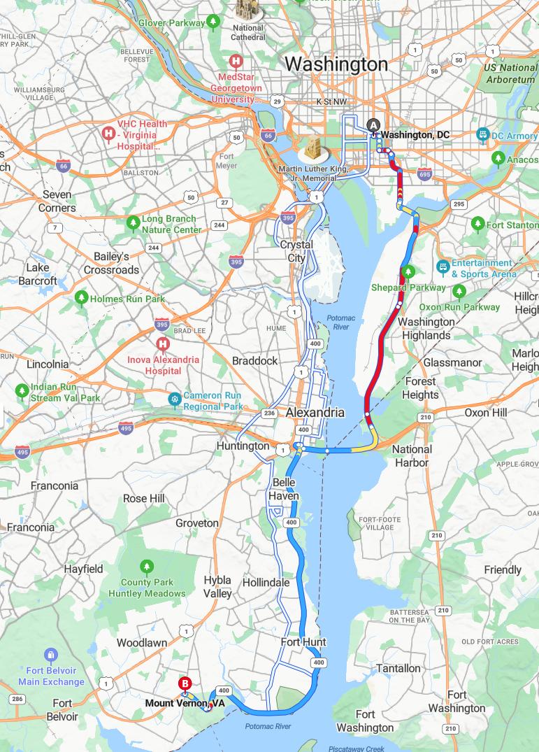 driving from Washington, District of Columbia to Mount VernonVirginia - map and route