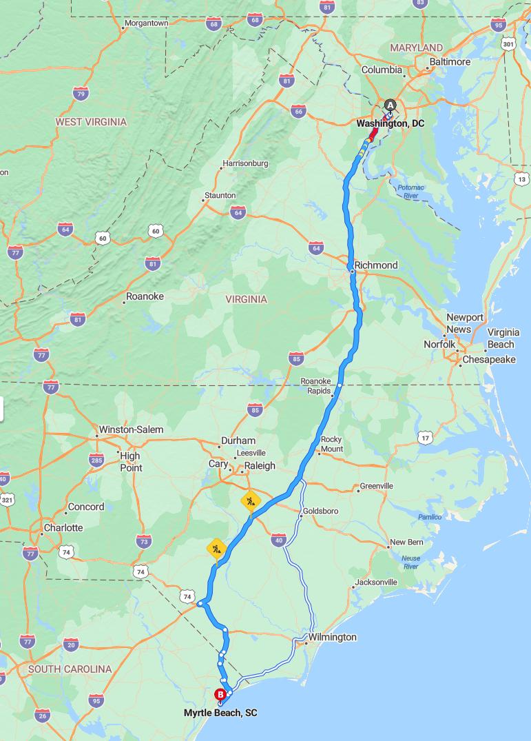 driving from Washington, District of Columbia to Myrtle BeachSouth Carolina - map and route