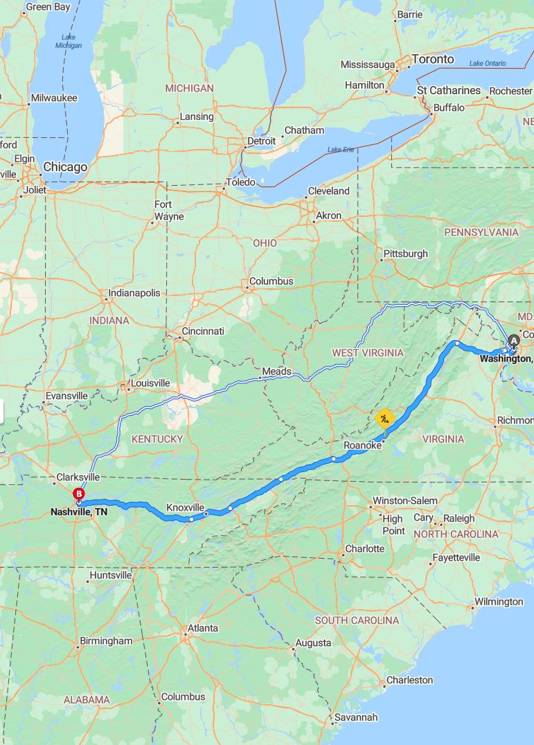 driving from Washington, District of Columbia to NashvilleTennessee - map and route