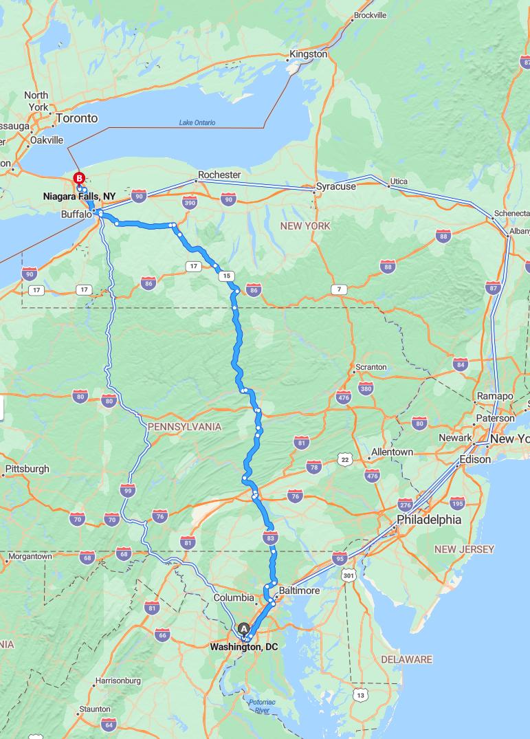 driving from Washington, District of Columbia to Niagara FallsNew York - map and route